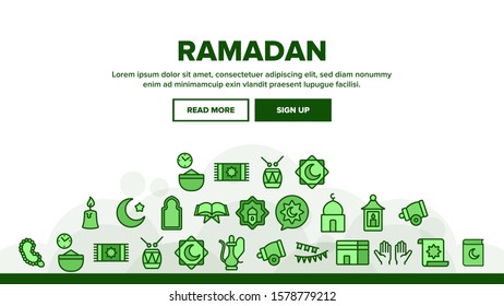 Ramadan Islam Landing Web Page Header Banner Template Vector. Koran And Crescent, Hands And Candle, Carpet And Drum Mubarak Ramadan Holiday Illustration