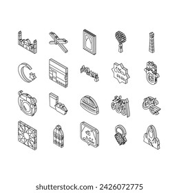 ramadan islam muslim eid arabian isometric icons set. shape art, mubarak arabesque, ornament mosque, decoration calligraphy, arab element ramadan islam muslim eid arabian color line