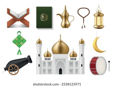 Ramadan Islam Muslim traditional culture items set realistic vector illustration. Spiritually God trust Arab Turkish Saudi religious holiday Quran Rosary lantern crescent moon mosque cannon drum