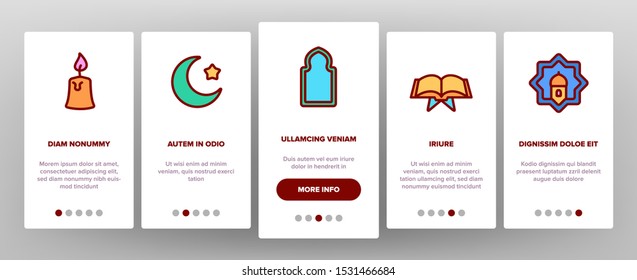 Ramadan Islam Onboarding Mobile App Page Screen Vector Thin Line. Koran And Crescent, Hands And Candle, Carpet And Drum Mubarak Ramadan Holiday Concept Linear Pictograms. Contour Illustrations