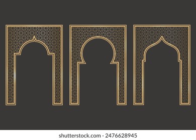 Marco de arco islámico de Ramadán con adorno. Ilustración de puerta tradicional musulmana de Vector para el poste de invitación de boda y las Plantillas. Marcos dorados en estilo oriental. Conjunto de Formas de ventanas persas