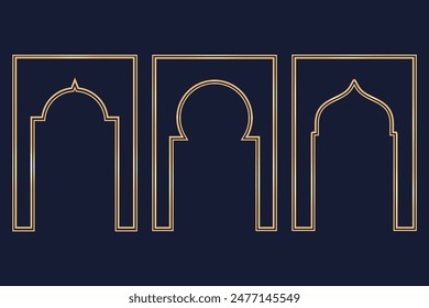 Ramadan Islamic arch frame. Vector Muslim traditional door illustration for wedding invitation post and templates. Golden frames in oriental style. Persian windows shapes set