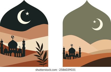 Ramadan Islamic Art – Crescent Moon and Mosque Vector Illustration