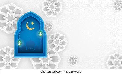 Ramadan islamic background vector design. Mosque door or window In paper art style on white Islamic pattern background with copy space