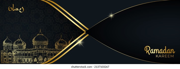 Ramadan Islamic banner background illustration. dark and gold color with mosque sketch. Ramadan theme with background shape