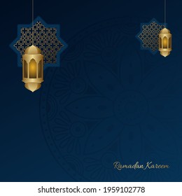 Ramadan islamic banner illustration. blue and golden color with lantern. Ramadan theme with shape. used for social media greeting post template