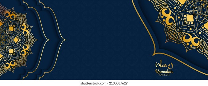 Ramadan Islamic banner illustration. blue and gold with a mandala shape pattern. Vector Ramadan theme used for banner background and template