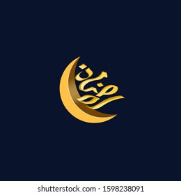 Ramadan (islamic blessed month) Arabic Calligraphy, Crescent moon isolated on dark background. Golden islamic lettering. 3d moon for Ramadan kareem. Vector illustration.