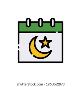 Ramadan Islamic Calendar Vector Icon in Filled Outline Style. A calendar with a crescent moon and star is a symbol of the month of Ramadan and islamic holidays.