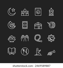 Ramadan, Islamic celebration icons, white on black background. Fasting, Eid, Muslim traditions, religious symbols, practices, elements. Customizable line thickness