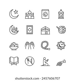 Ramadan, Islamic Celebrations, linear style icon set. Ramadan fasting, Eid festivities, and Muslim cultural traditions. Religious symbols, practices, and traditional elements. Editable stroke width