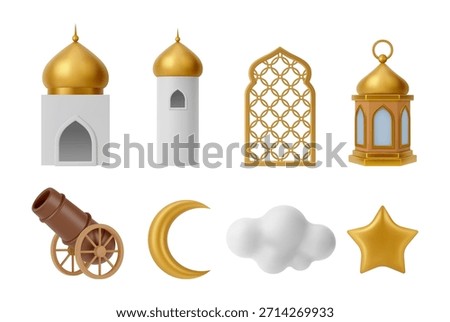 Ramadan and Islamic culture elements. Vector isolated 3d mosque domes and lanterns, cannon and star, moon and clouds. Greeting cards or festival announcements, educational content for Muslim holidays