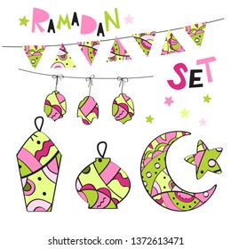 Ramadan Islamic decor, oriental lanterns, garland, crescent, star, Islam symbols set. Street and house holiday eid decoration. Hand drawn unique arabic ornament