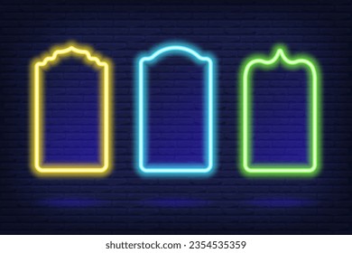 Ramadan islamic frame. Vector neon arch shape on dark background. Muslim door and window. Arabian bright template set