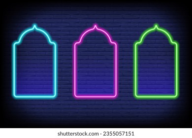 Ramadan islamic frame. Vector neon arch shape on dark background. Muslim door and window. Arabian bright template set