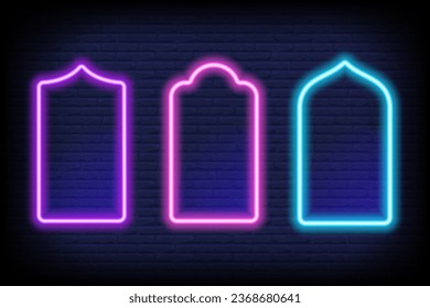 Ramadan islamic frame. Vector neon arch shape on dark background. Muslim door and window. Arabian bright template set