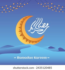 Tarjeta de felicitación islámica de Ramadán decorativa editable vector de fondo en el desierto con la media luna, caligrafía árabe traducción de texto: "Ramadán Kareem significa Ramadán Generoso".