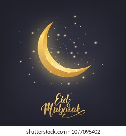 Ramadan. Islamic greeting design with crescent moon, glowing stars and Eid Mubarak script lettering