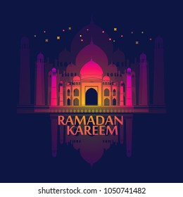 Ramadan islamic holiday card. Greeting background with mosques. Ramadan Kareem - May Generosity Bless you during the holy month. 
