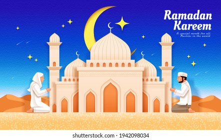 Ramadan or Islamic holiday celebration banner. Young people praying salat in front of beautiful mosque at dawn with desert landscape in the background.