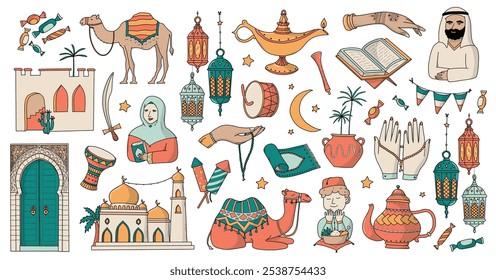 Ramadan, Islamic holidays hand drawn doodles, cartoon elements collection for stickers, prints, cards, posters, invitations, banners, etc. EPS 10