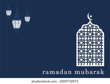Ramadan Islamic holy month greeting card and social media post template design with dark blue color and landscape orientation. Background design with Arabic lantern and Islamic ornament