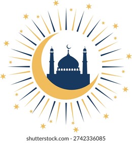 Ramadan Islamic icon with crescent moon and mosque silhouette. Flat vector illustration symbolizing Ramadan Kareem and Eid Mubarak, isolated on white background.