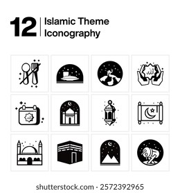 Ramadan islamic icon set black and white