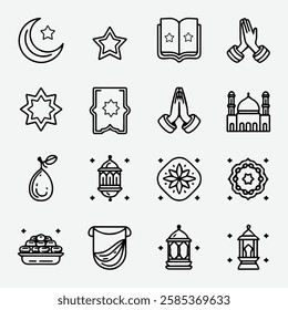 "Ramadan Islamic Icon Set – High-Quality Vector Icons Featuring Crescent Moon, Mosque, Lanterns, Quran, Prayer, and Iftar Symbols. Perfect for Websites, Apps, Social Media, and Islamic-Themed Designs.