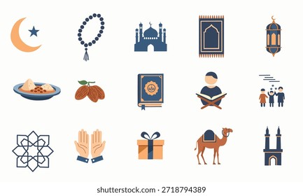 Ramadán e iconos islámicos con símbolos de mezquita, Corán, oración e Iftar