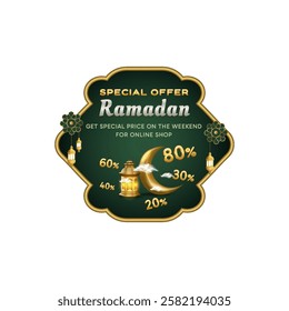 Ramadan islamic label, tags or emblem, lantern, decoration, moon, element for banner, flyer, voucher, brochure, digital marketing, and promotion. Holiday festive premium label vector illustration