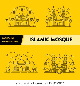 Ramadan Islamic Mosque Moslem Monoline Vector Illustration