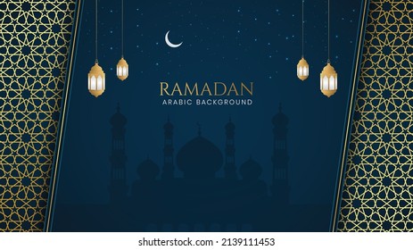 Ramadan, islamischer Zierhintergrund mit arabischem Muster und Moschee mit Laternen