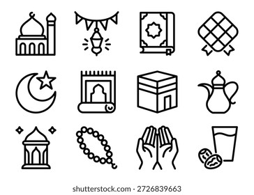Ícone de contorno islâmico do Ramadã com mesquita, lua crescente e estrela, lanterna, Alcorão, tapete de oração, contas de tasbih, Kaaba, datas, água, mãos de oração e bule de chá árabe. Limpar símbolos vetoriais isolados.