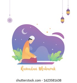 Ramadan islamic poster design illustration, The Holy Month. Moslem man praying celebrating Eid with people character. web landing page template, banner, presentation, social or print media.