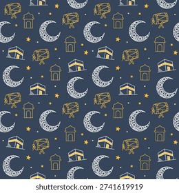 Ramadan Islamic Seamless Pattern for Festive Background with Kaaba Drum Crescent and Mosque Vector