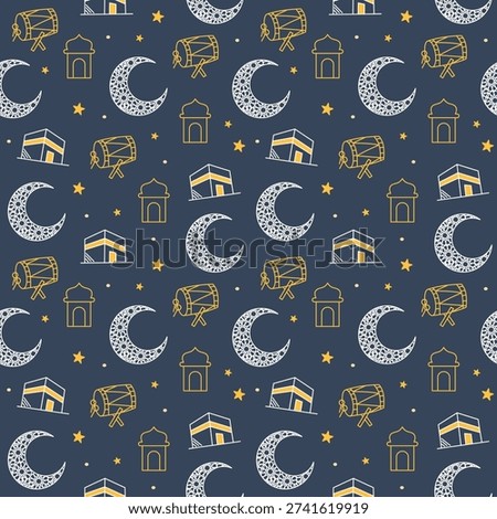 Ramadan Islamic Seamless Pattern for Festive Background with Kaaba Drum Crescent and Mosque Vector