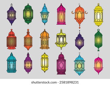 Ramadan Islamic Silhouette Colorful Lanterns set Vector Illustration