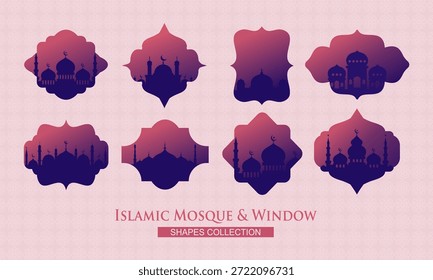 Marco de ventana islámico de Ramadán con conjunto de Vector de silueta de mezquita. Ventanas y arcos islámicos con Colecciones de cúpula de mezquita. Diseño plano, color degradado suave. Ilustración vectorial