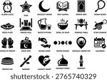 Ramadan and Islamic worship solid icon set containing Alarm Clock Star Crescent Moon Holy Quran Prayer Mat Tasbih Beads Dates Plate and Zakat Box for religious apps and websites.