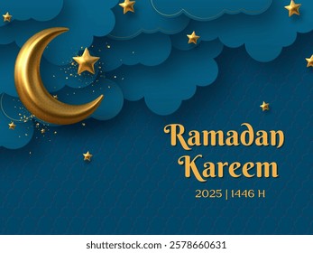 Ramadan Kareem 1446 H design. Festive greeting with golden moon, stars, and calligraphy. Muslim celebration.