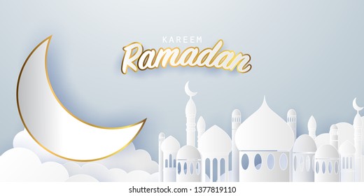 Ramadan kareem 2019 background. Paper cut vector illustration with mosque and moon, place for text greeting card and banner