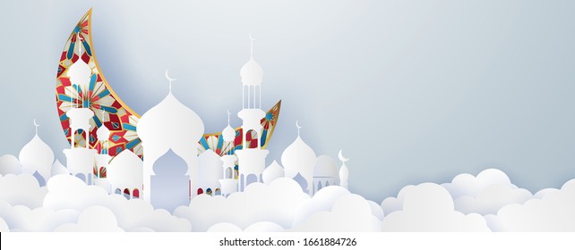 Ramadan kareem 2020 background. Paper cut vector illustration with mosque and moon, place for text greeting card and banner