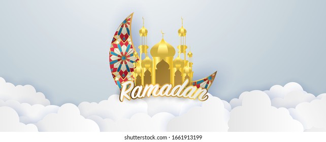 Ramadan kareem 2020 background. Paper cut vector illustration with mosque and moon, place for text greeting card and banner