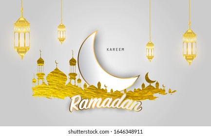 Ramadan kareem 2020 background. vector illustration with mosque and moon, place for text greeting card and banner