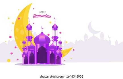 Ramadan kareem 2020 background. vector illustration with mosque and moon, place for text greeting card and banner