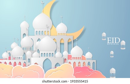 Ramadan kareem 2021 background. vector illustration with mosque and moon, place for text greeting card and banner