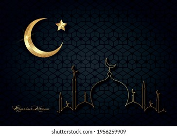Ramadan Kareem 2021 banner black night Sky background vector design illustration. Gold Muslim Mosque  skyline, golden half moon and shiny star,  religious symbols