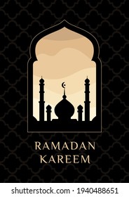 Ramadan Kareem 2021 islamic vector design banner celebration greeting card,background arabic islam mosque,mubarac crescent moon and mosque dome silhouette with arabic wavy golden sand desert pattern