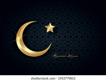 Ramadan Kareem 2021 vector greeting card. Gold half moon on black background. Golden holiday poster with text, islamic symbol. Concept Muslim religion banner, flyer, party invitation, sale shop